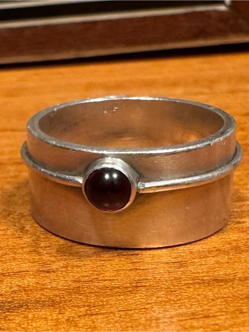 Vintage 925 Sterling Silver Wide Band Garnet Bezel Set Ring Size 8